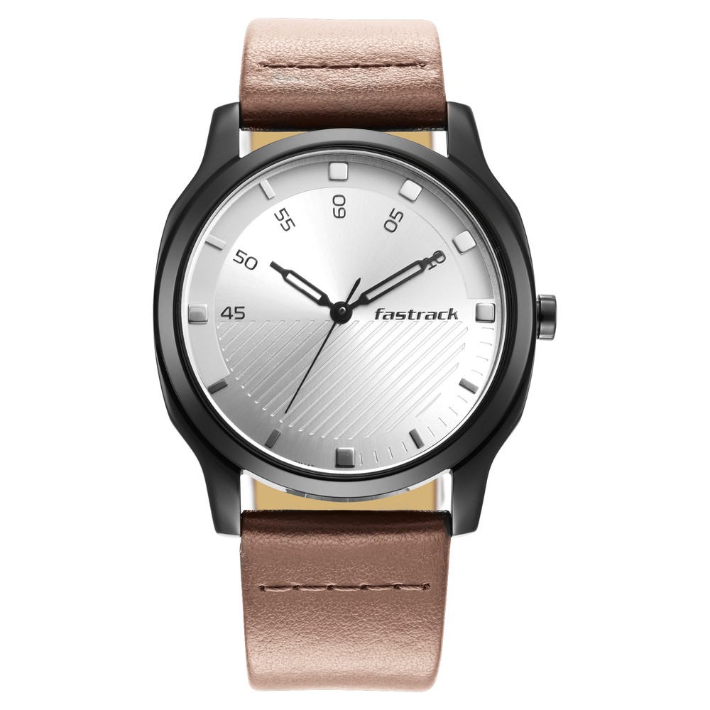 Fastrack 3255NL02 Stunners Quartz Analog Silver Dial Leather Strap Watch for Guys